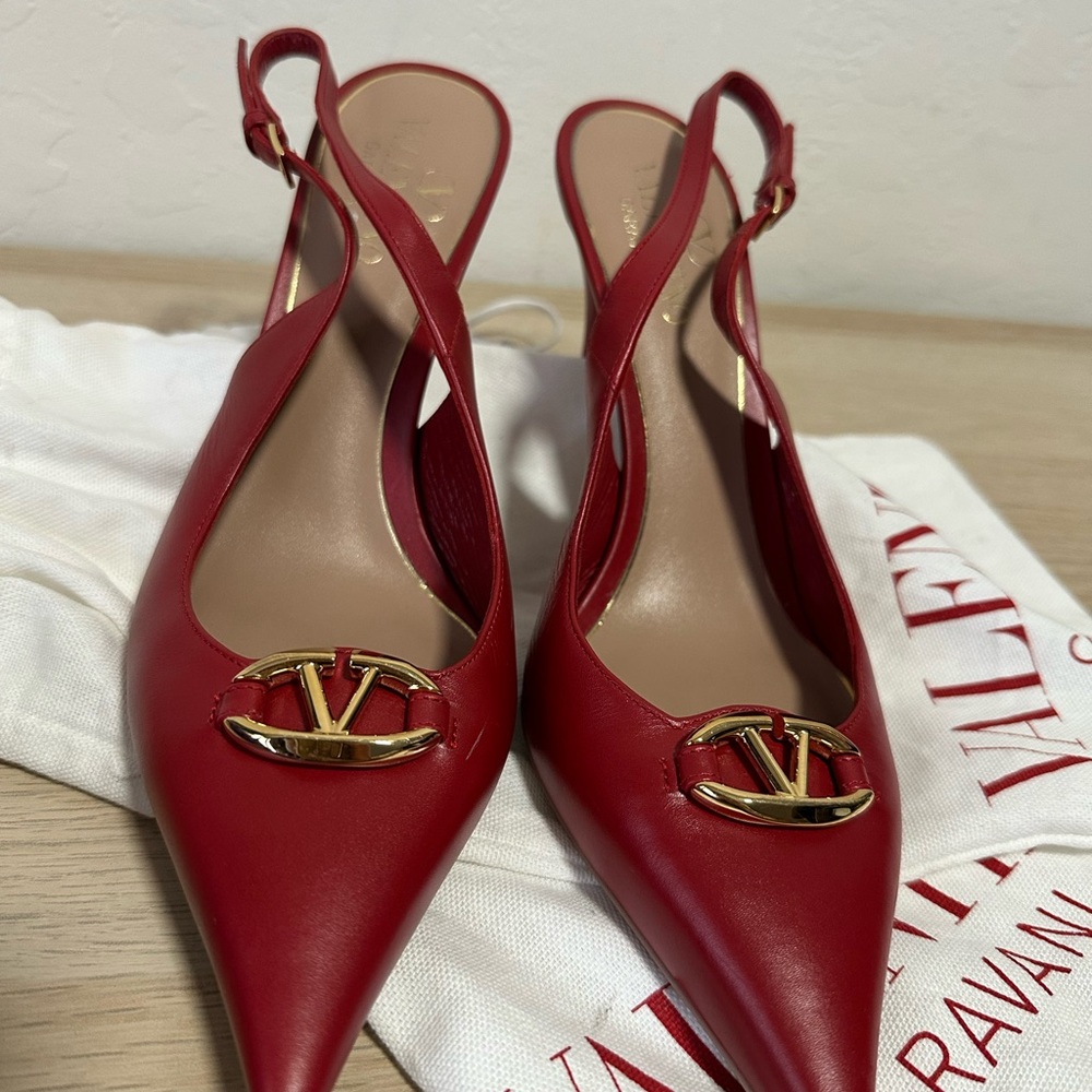 Valentino Red Slingback Heels (The Bold Edition) with Gold Accent